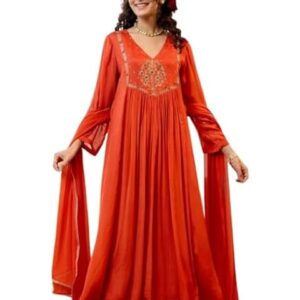 Nermosa Women Embroidery Solid Anarkali Kurta and Pant Set with Dupatta