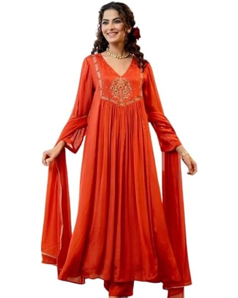 Nermosa Women Embroidery Solid Anarkali Kurta and Pant Set with Dupatta