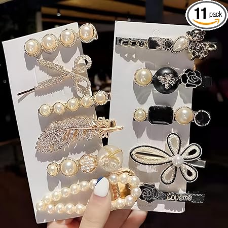 Korean Fashion Style Pearl Rhinestone Metal Hair Clips Hair Pin | Stylish Hair Clips for Women | Cute Clips for Womans | Aesthetic & Pearl Hair Kilip Decoration Accessories (Pack of 11 Pcs)
