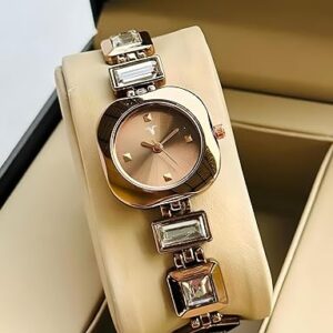 AMERICANVIBER Diamond-Studded Women’s Analog Watch with Square Dial, Elegant Rose Gold Band Wrist Watch for Girls and Ladies
