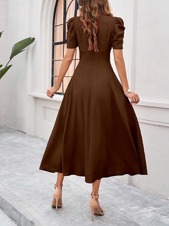 Shasmi Girl's & Women's Solid Color V-Neck A-Line Maxi Dress for Women | New Year Party Outfit | Waist Cinched Puff Sleeve Western | Elegant Casual Wear (Dress 246) - Image 4
