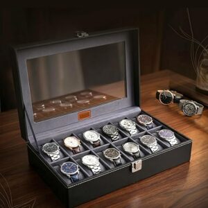 LEDO Men's and Women's Watch Box Holder Organizer Case In 12 Slots of watches In PU Leather with Black & Gray